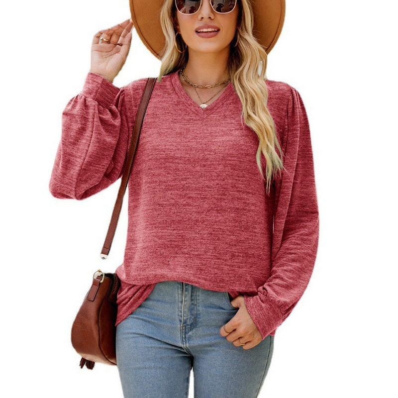 Women's Loose Casual Puff Sleeve V-neck Long Tops