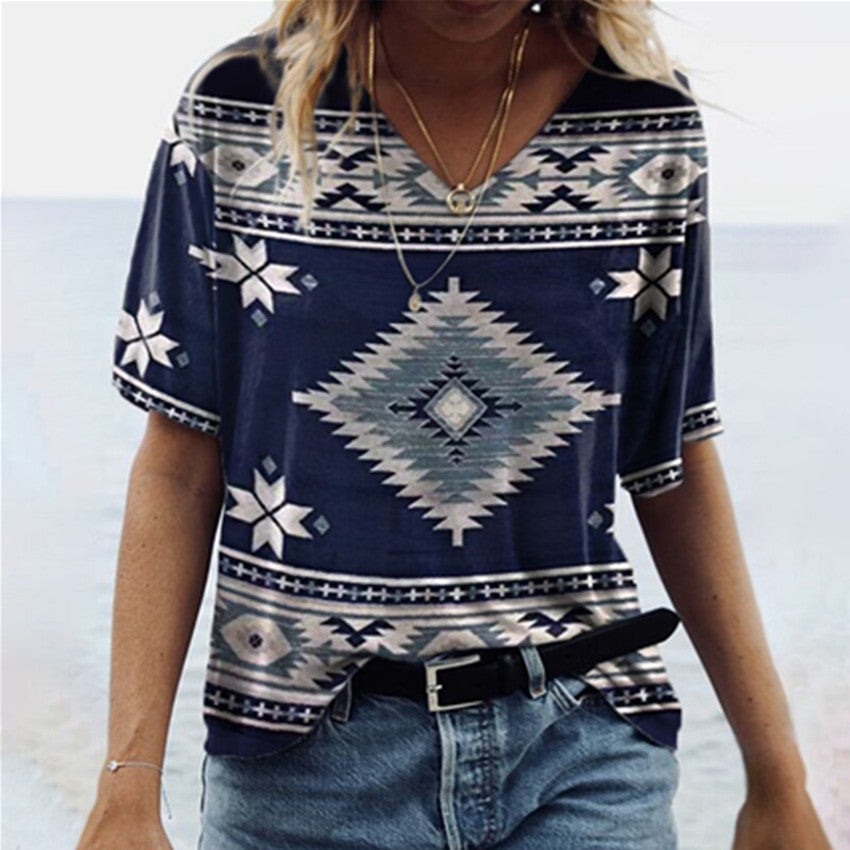 Women's Vintage Printed Geometric Pattern V-neck Sleeve Tops