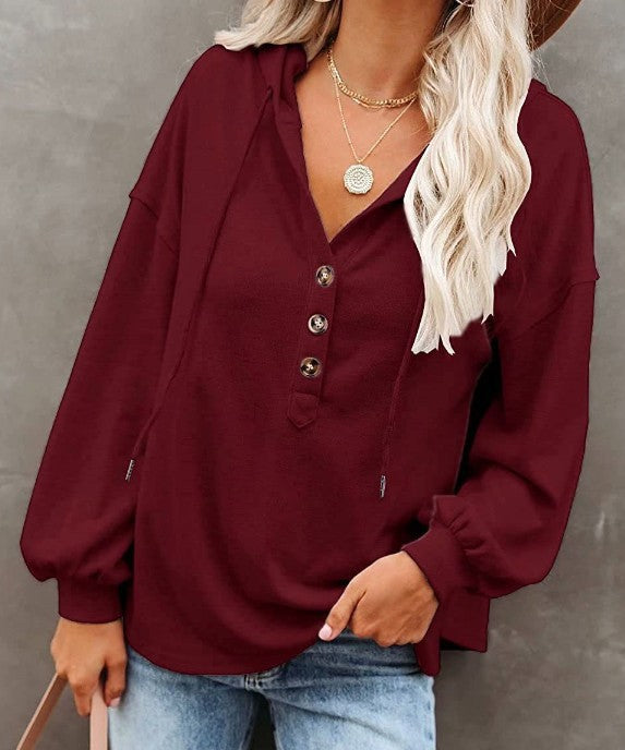 Women's Button Hoodie Casual Loose Solid Color Sweaters