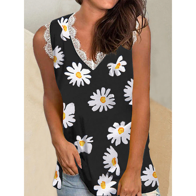 Damen-Oberteile mit Sommer-Pflanzenblumen-Print und V-Ausschnitt