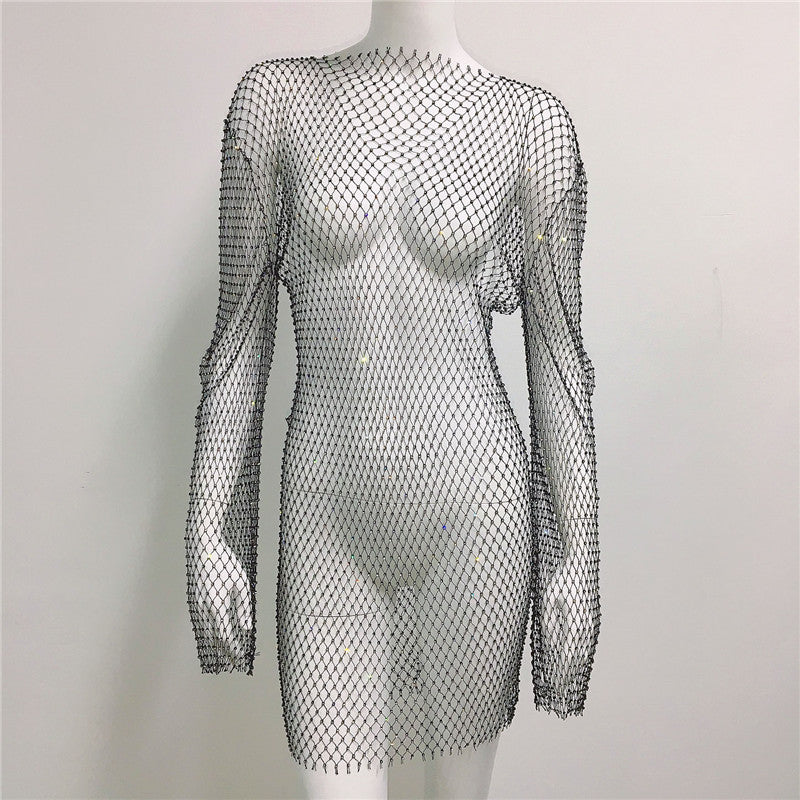 Women's Dress Rhinestone Fishnet Sexy Hot Long Sleeve Hollow Dresses