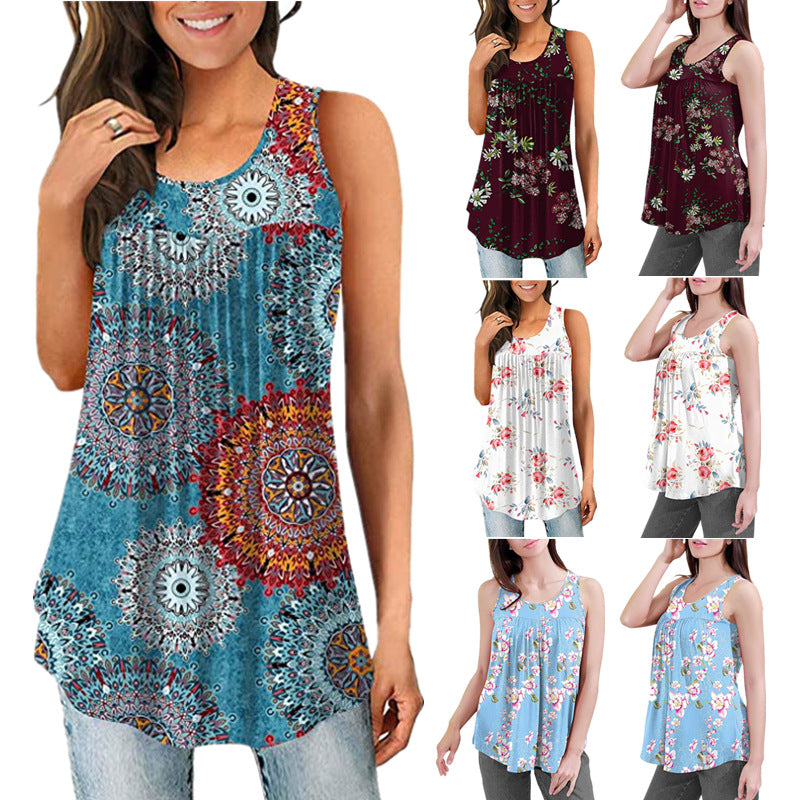 Women's Summer Printed Round Neck Pleated Sleeveless Vests