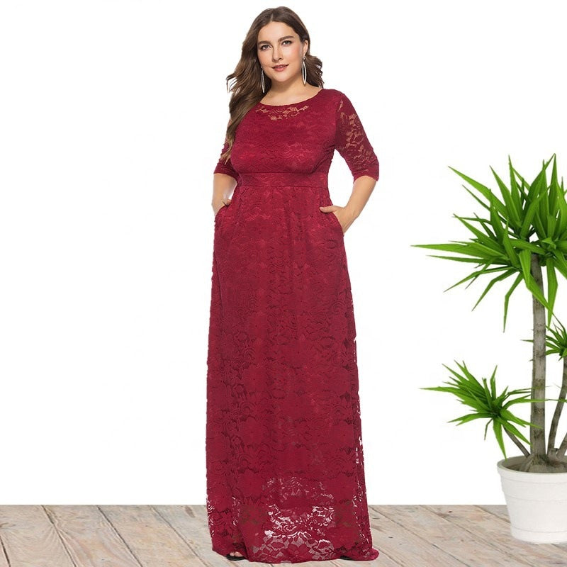 Women's Large Hollow Lace Pocket High Long Dresses