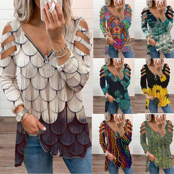 Women's Printed Hollow-out Long-sleeved Pullover Zipper V-neck Blouses