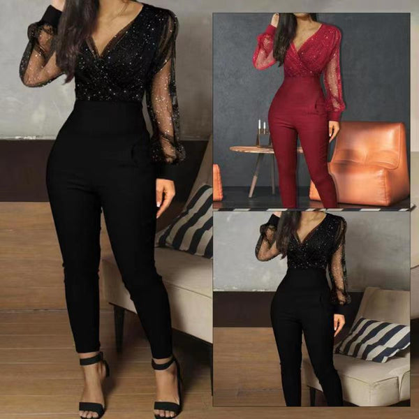 Solid Color V-neck Mesh Slim Fit Long Jumpsuits