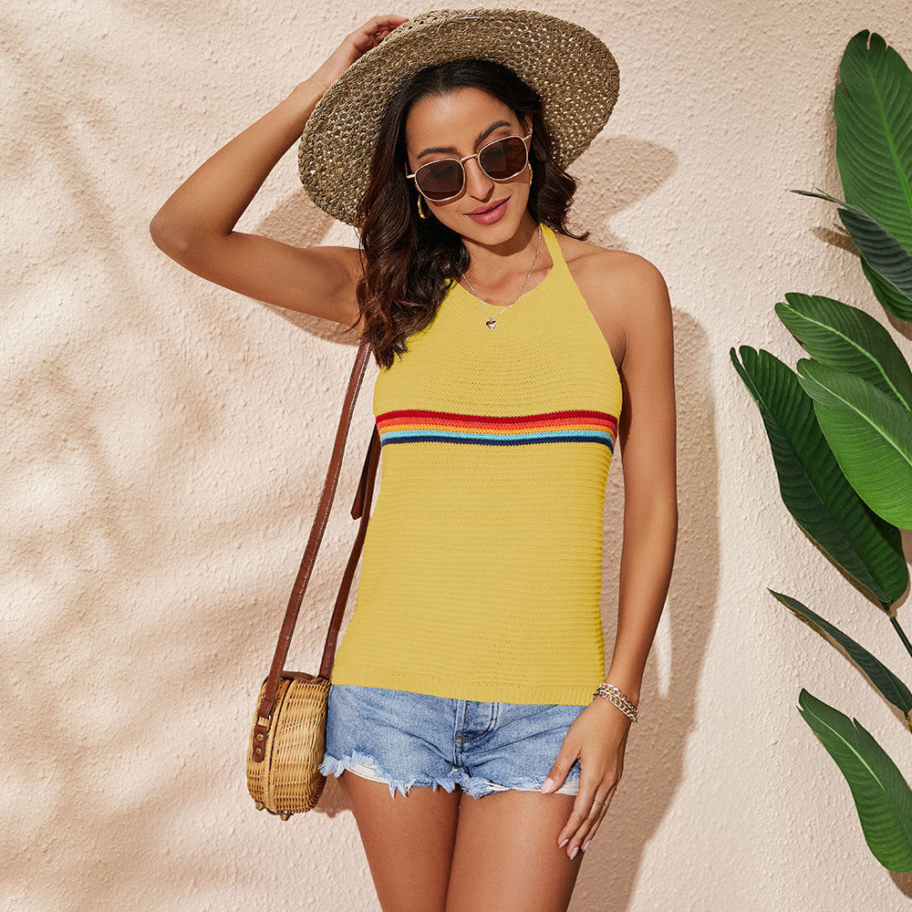 Women's Rainbow Color-blocking Halter Backless Lace-up Tops