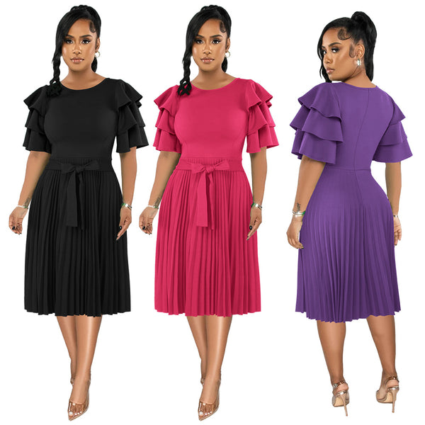 Women's Temperament Slimming Round Neck Ruffled Sleeves Dresses