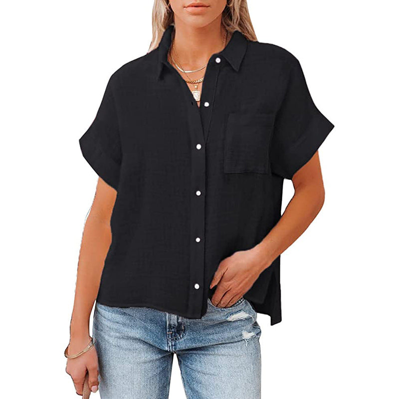 Women's Summer Cotton Linen Short-sleeved Casual Pocket Blouses