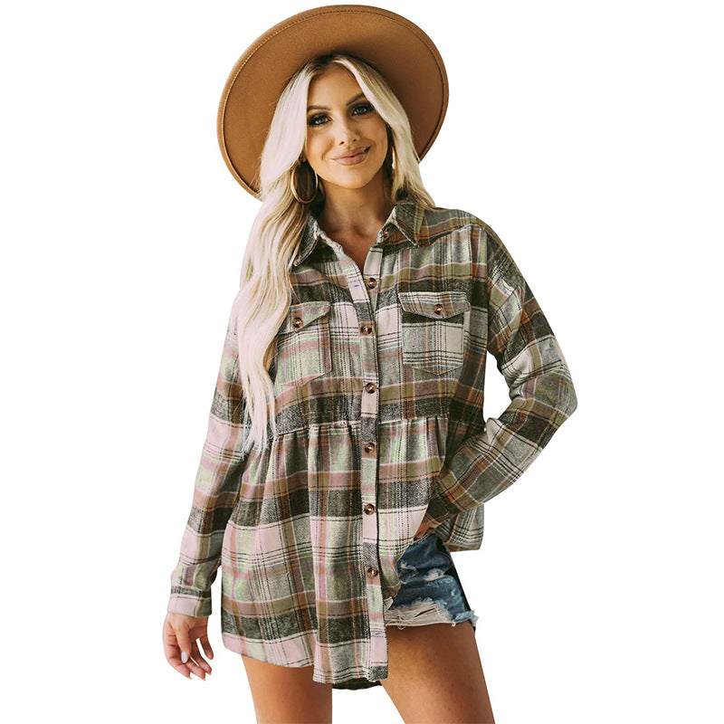 Women's Lapel Long Sleeve Pocket Casual Plaid Blouses