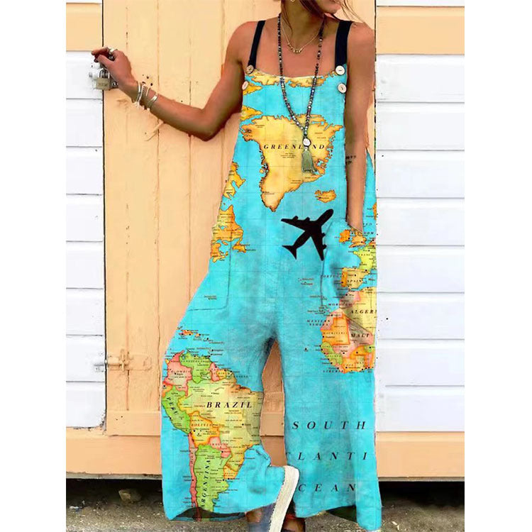 Creative Women's Printed Suspender Loose Casual Pants