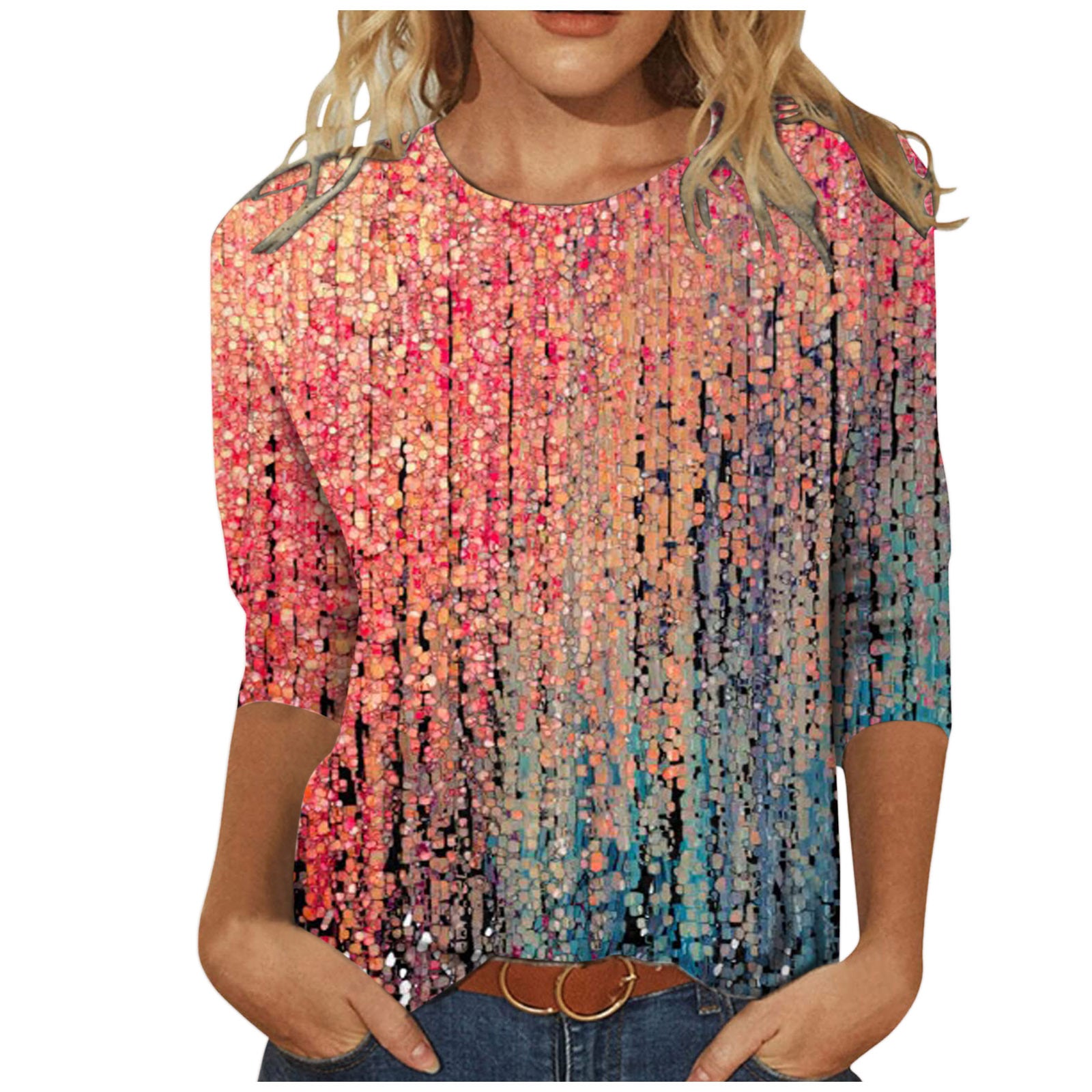 Women's Round Neck Long Sleeve Loose Print Tops