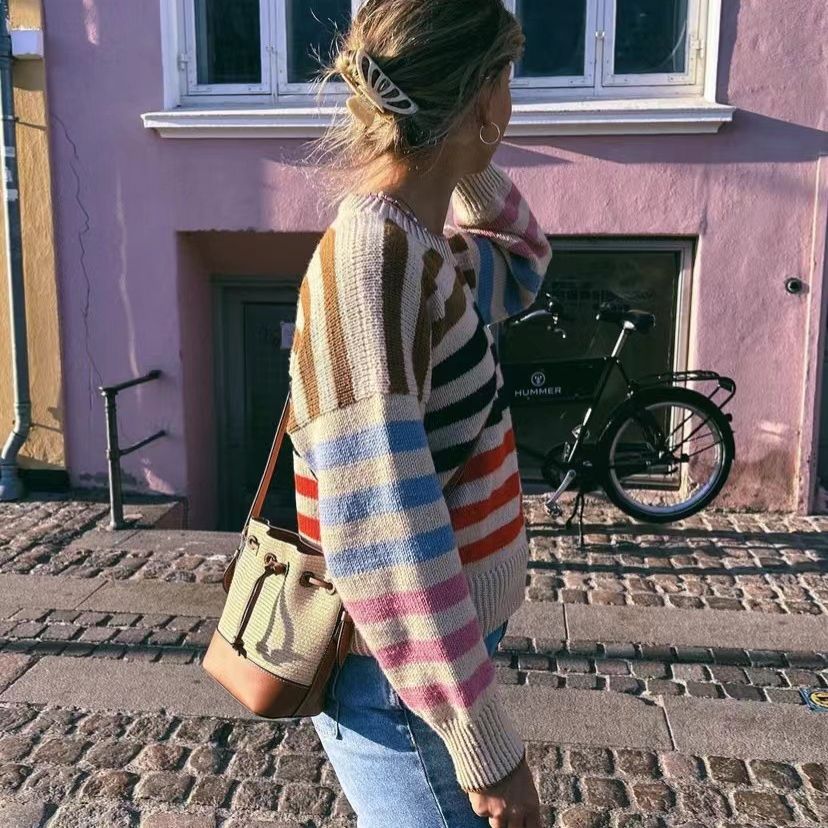 Trade Style Rainbow Contrast Color Striped Sweaters