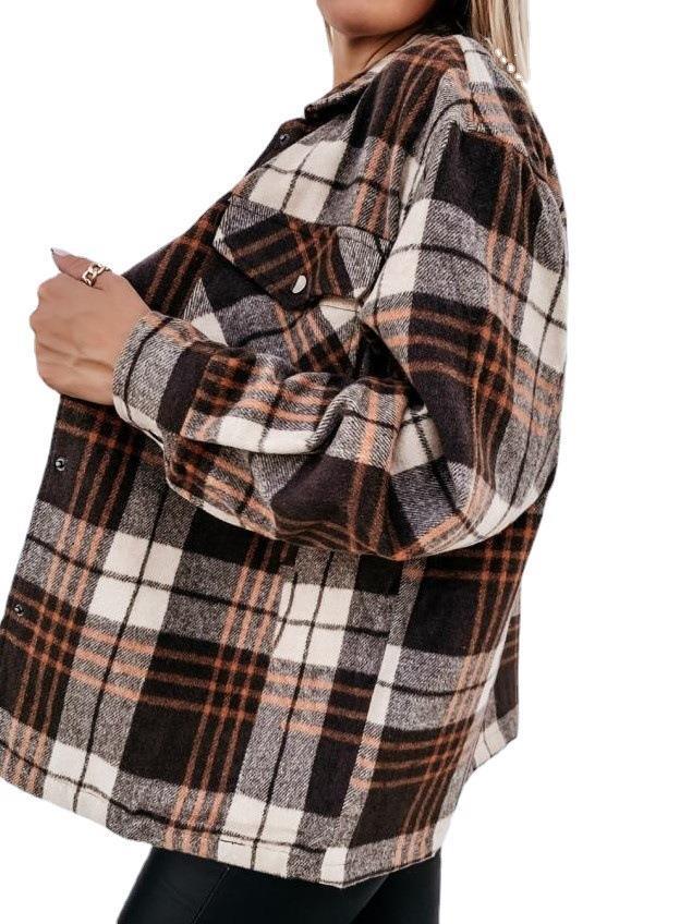 Women's Stylish Long-sleeved Shirt Plaid Single-breasted Coats