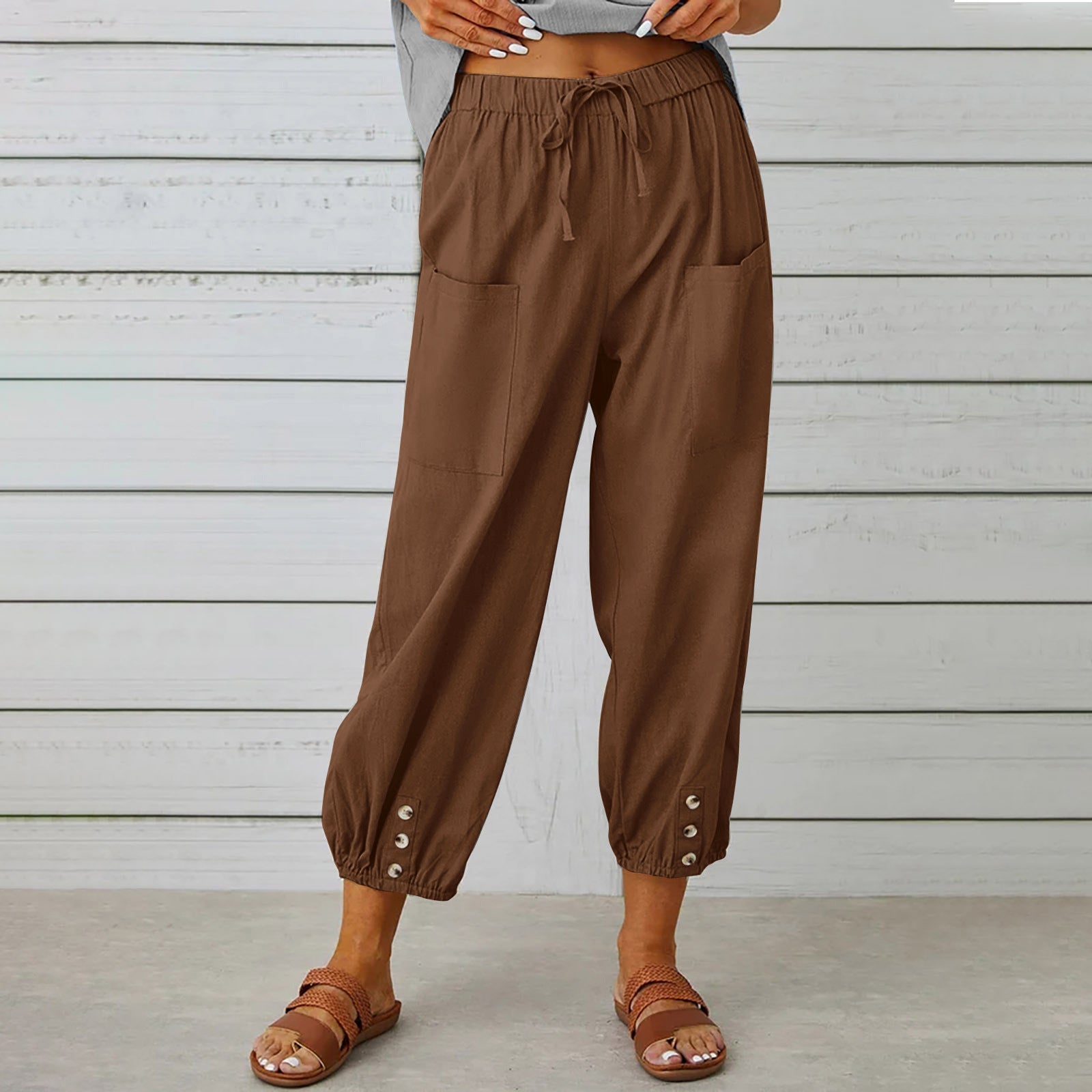 Women's Loose High Waist Button Linen Trousers Pants