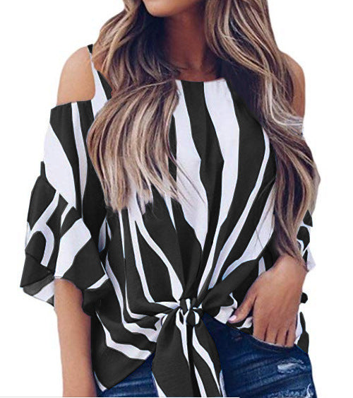 Women's Autumn Round Neck Off-the-shoulder Flared 3/4 Sleeve Vertical Striped Blouses