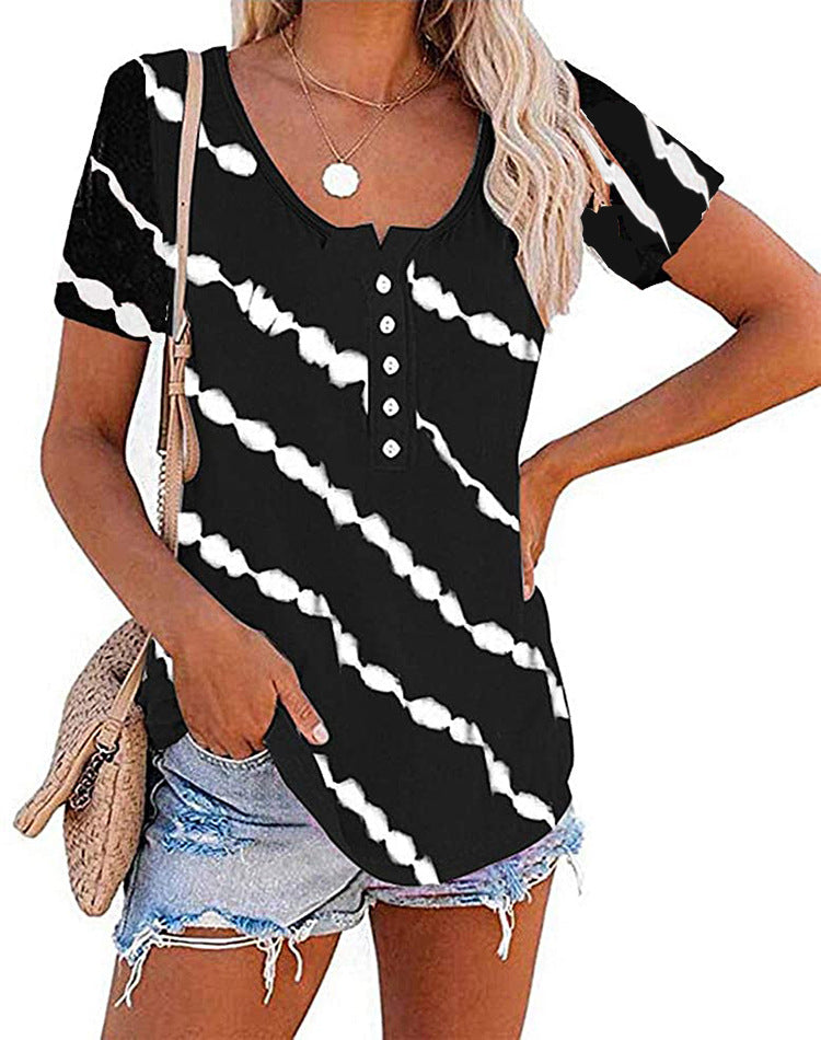 Women's Fashion Trend Neck Casual Stripe Button Sleeve Blouses