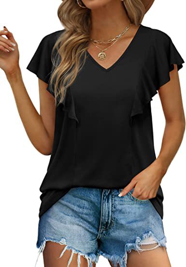 Women's Summer Ruffle V-neck Pleated Short-sleeved Blouses