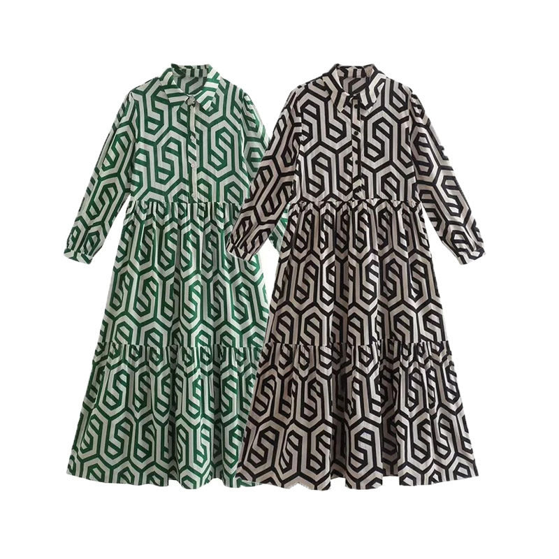 Women's Long Sleeve Collar Green Geometric Pattern Printed Dresses