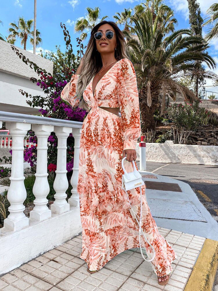 Women's Fashion Wear Spring Long Printed V-neck Sleeve Elegant Dresses