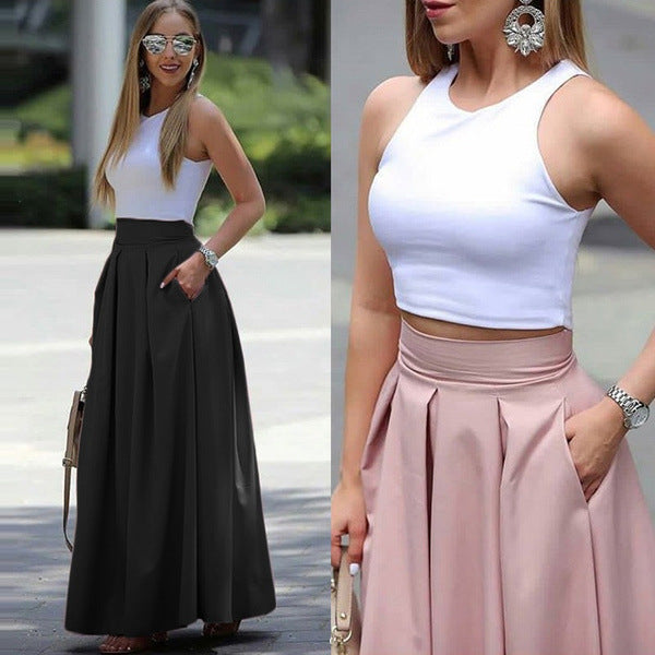 Casual Solid High Waist Pleated Long Skirts