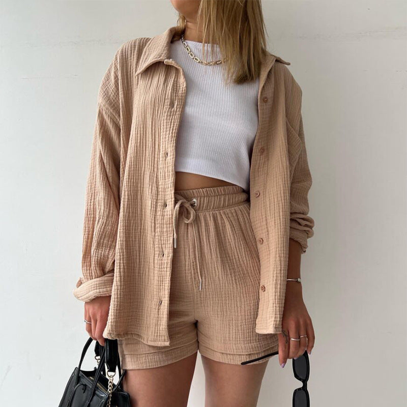 Women's Lapel Long Sleeve Shirt High Waist Shorts