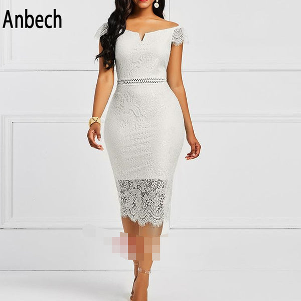 Women's V-neck Off-shoulder Short-sleeved Summer Zipper Lace Dresses