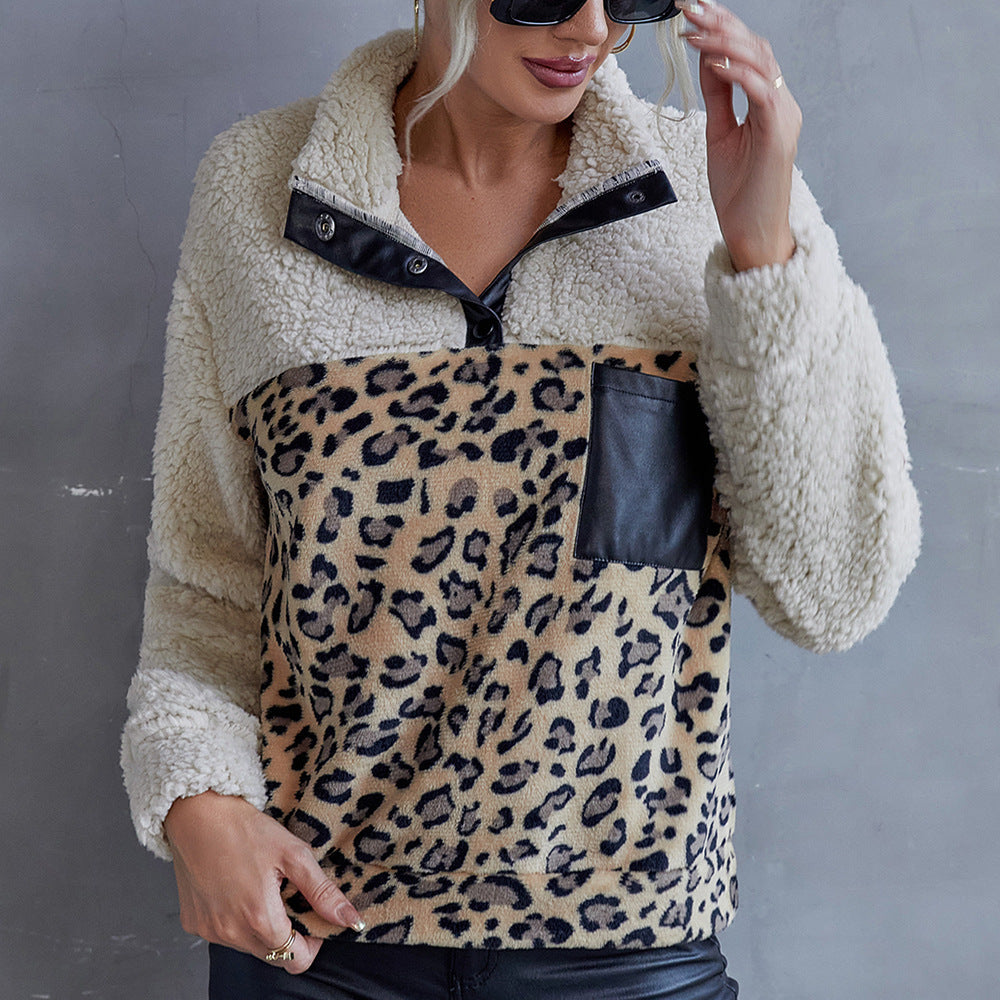 Women's Leopard Color Matching Casual Lamb Fur Sweaters