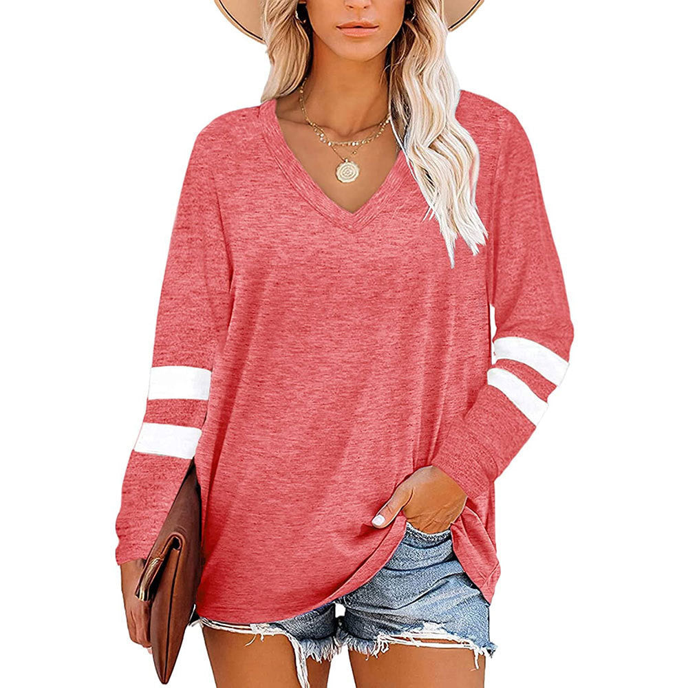 Women's Color V-neck Striped Stitching Long-sleeved Loose Blouses