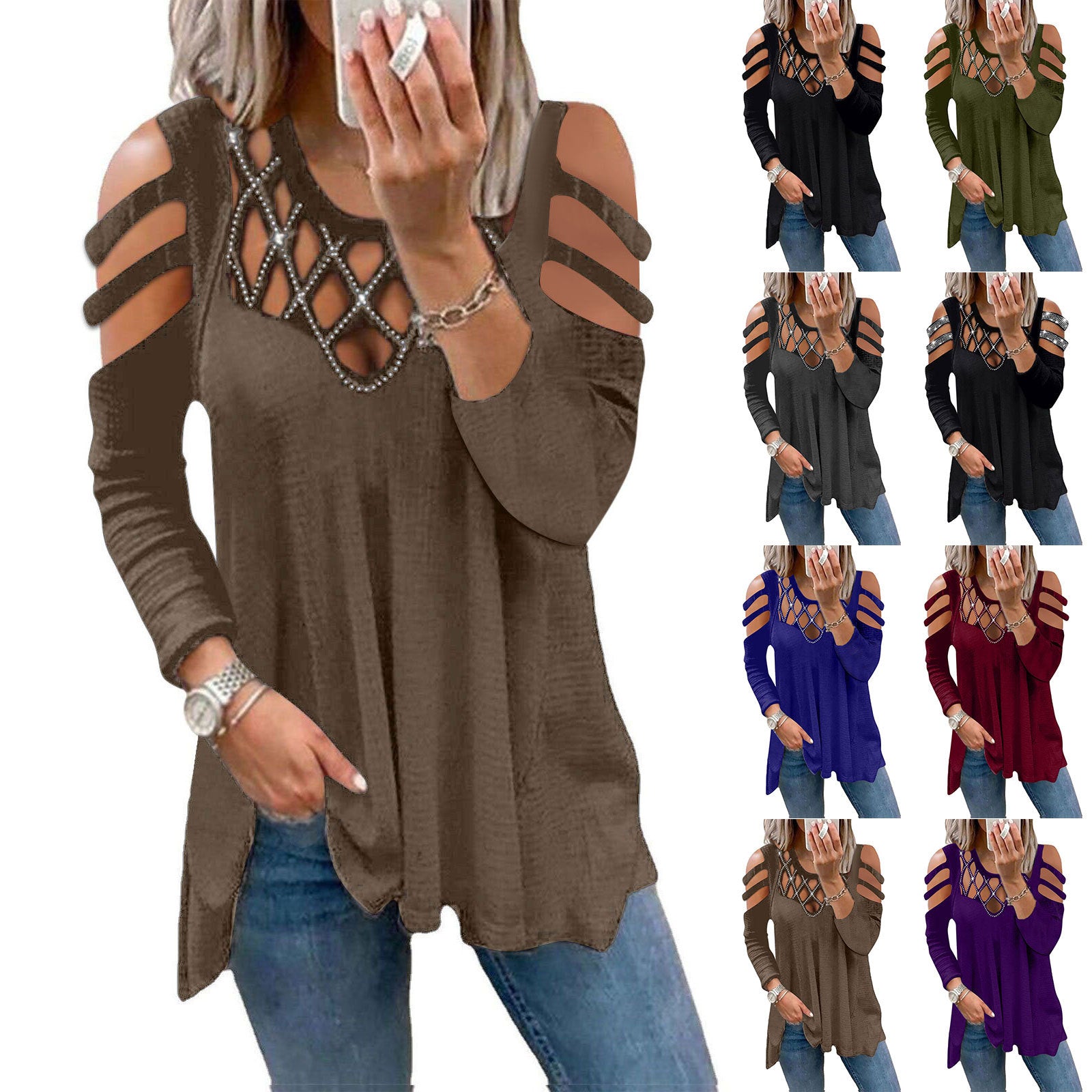 Women's V-neck Solid Color Off-the-shoulder Hollow-out Chest Blouses