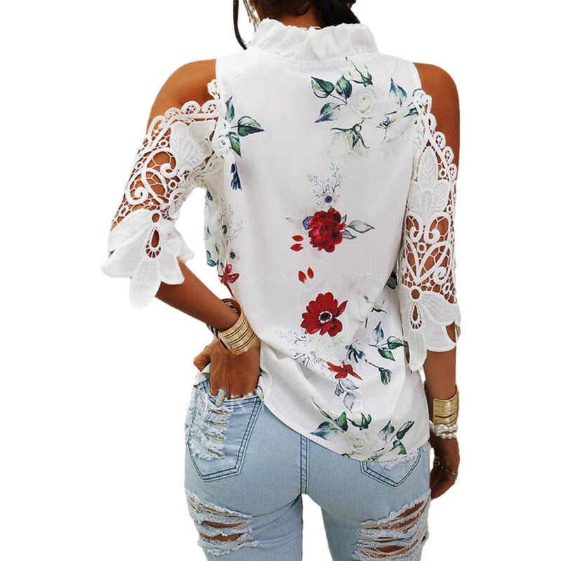 Women's Summer Flower Print Off-shoulder Lace Stitching Long Blouses