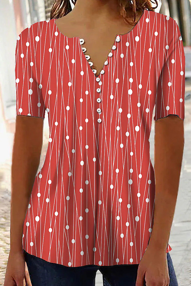 Clover V-neck Polka Dot Striped Button Blouses