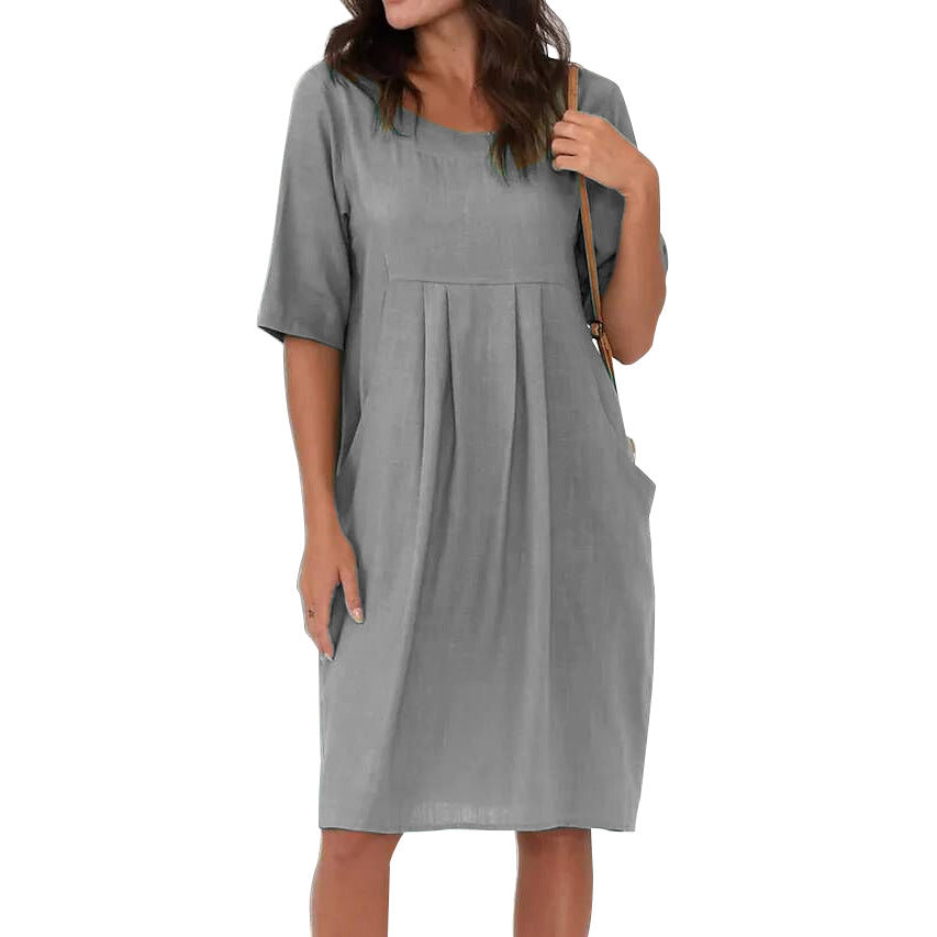 Women's Summer Linen Pleated Pocket Loose Round Dresses