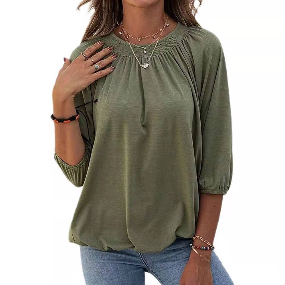 Women's Spring Solid Color Loose Round T-shirt Blouses
