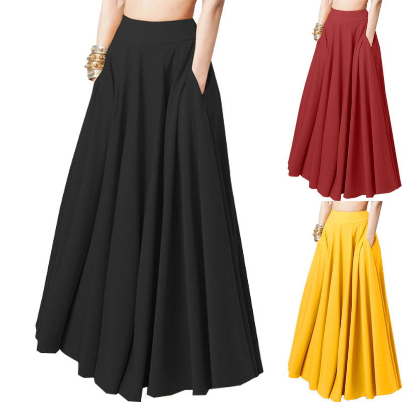 Women's Spring Solid Color Long Pleated Elastic Skirts