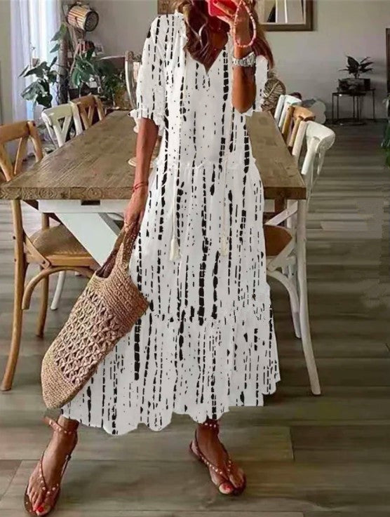 Women's V-neck Tassel Stringy Seedge Sleeve Printed Dresses