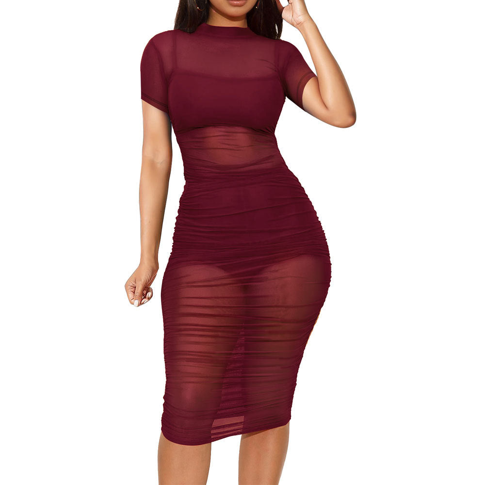 Kariertes Nachtclub-Mesh-Kleid, dreiteiliges Set