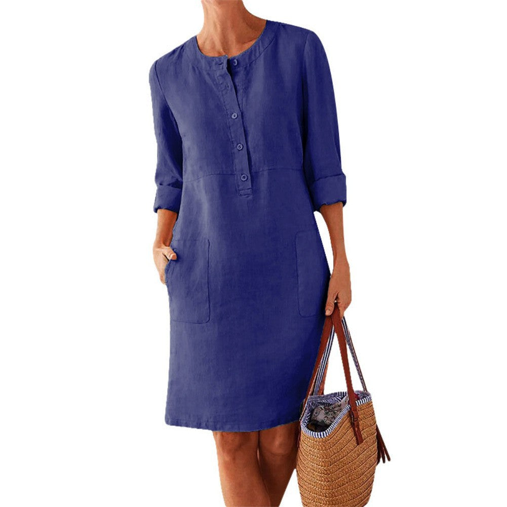 Women's Charming Spring Linen Round-neck Long-sleeved Dresses