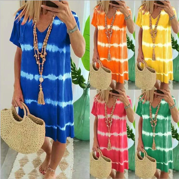 Women's Summer V-neck Tie-dye Short-sleeved Dress Dresses