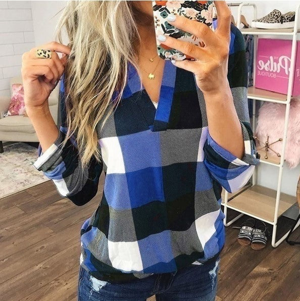 Women's Shirt Plaid Printed V-neck Long Sleeve Blouses