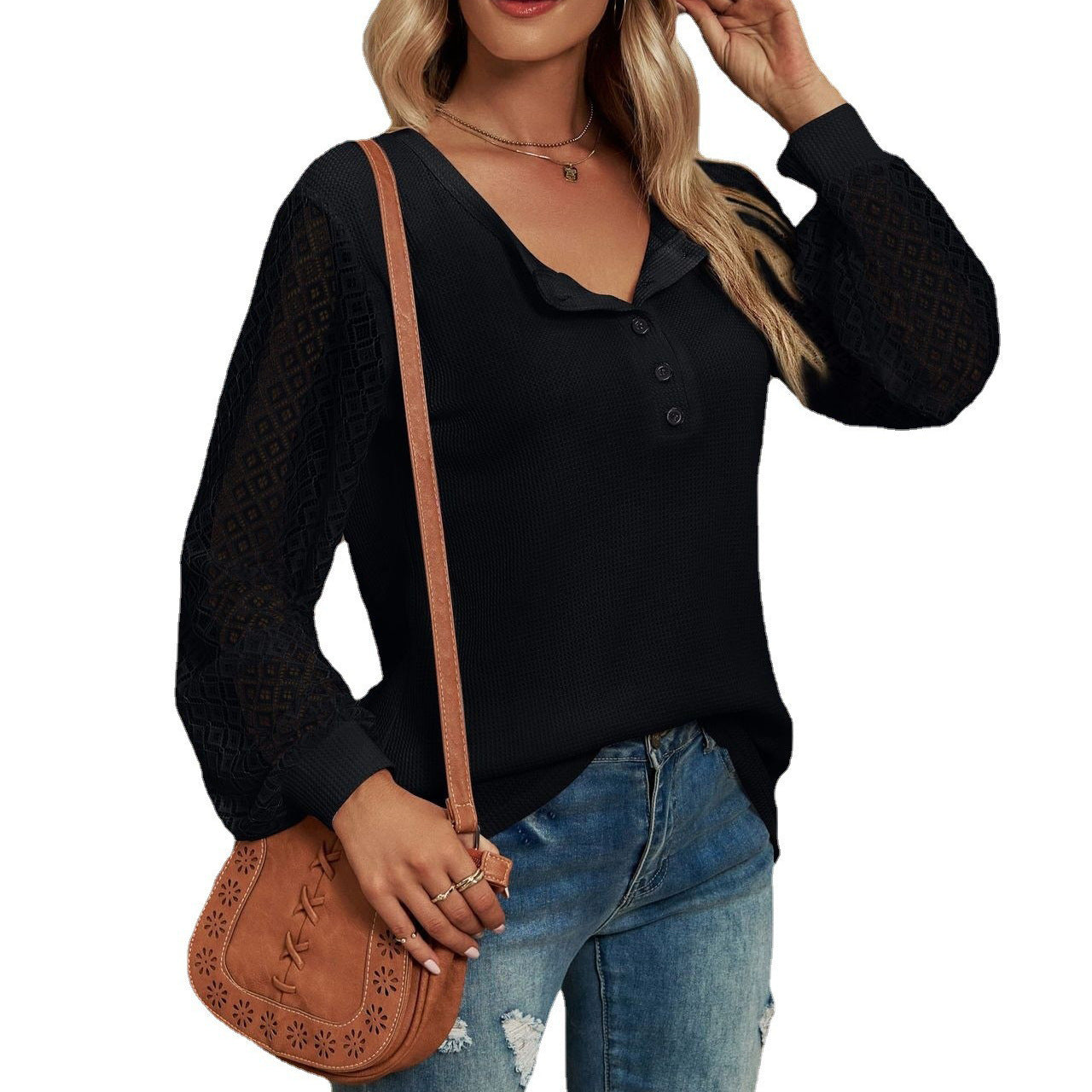 Women's Lace Stitching Long Sleeve Button T-shirt Blouses