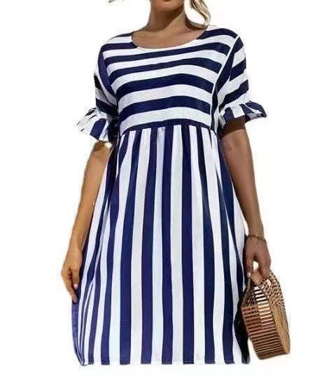 Women's Ruffled Sleeves Striped Patchwork Pocket Casual Dresses