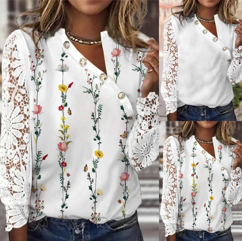 Women's Sleeve Collar Decorated With Buttons Flower Blouses