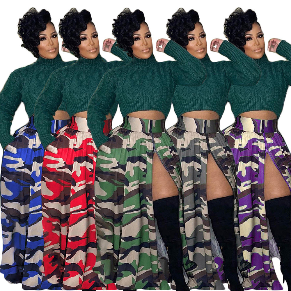 Women's Camouflage Printed Zipper Split Elastic Waist Skirts