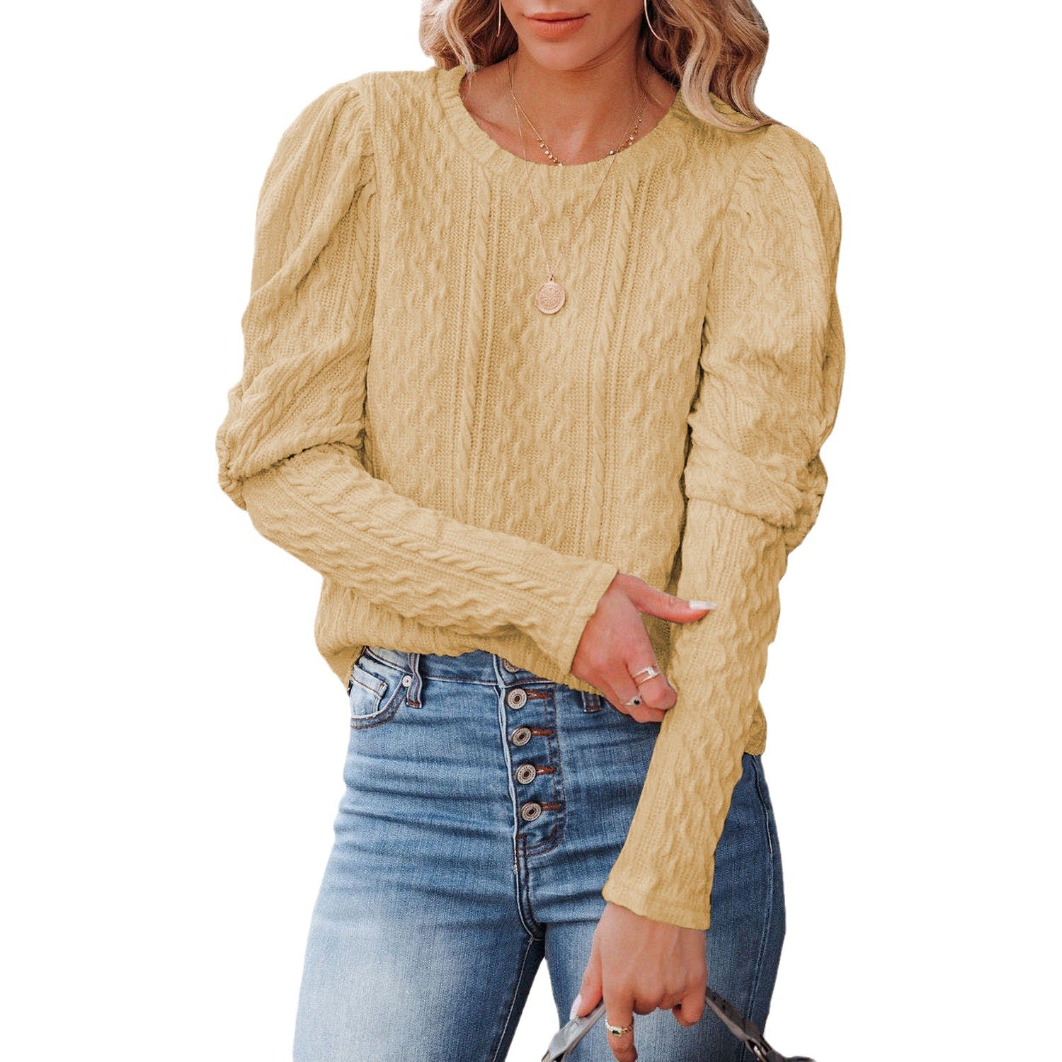 Women's Solid Color Jacquard Round Neck Gigot Sweaters