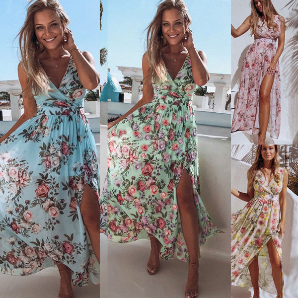 Durable Printed Sleeveless Vacation Beach Split Dresses