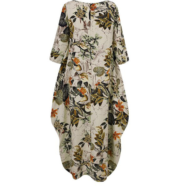 Women's Cotton Linen Printed Retro Pullover Loose Round Dresses