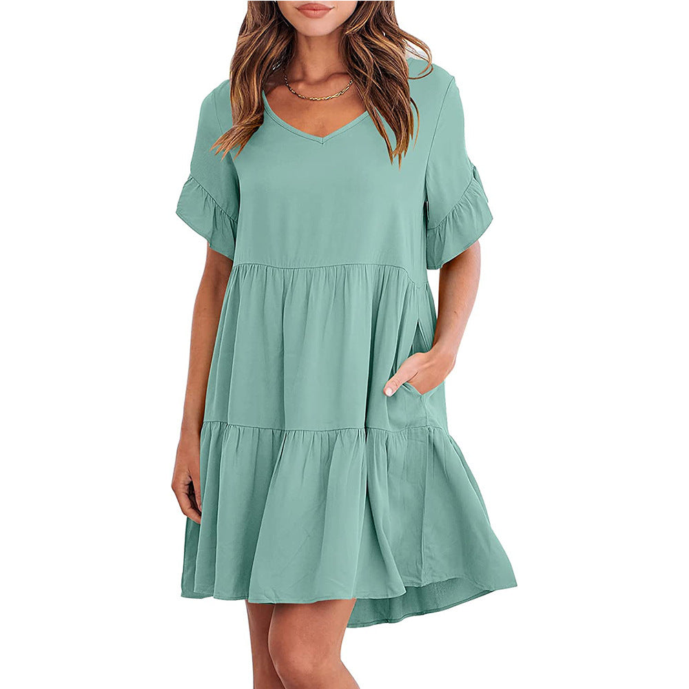 Women's Summer V-neck Little-girl Style Three-layer Pleated Dresses