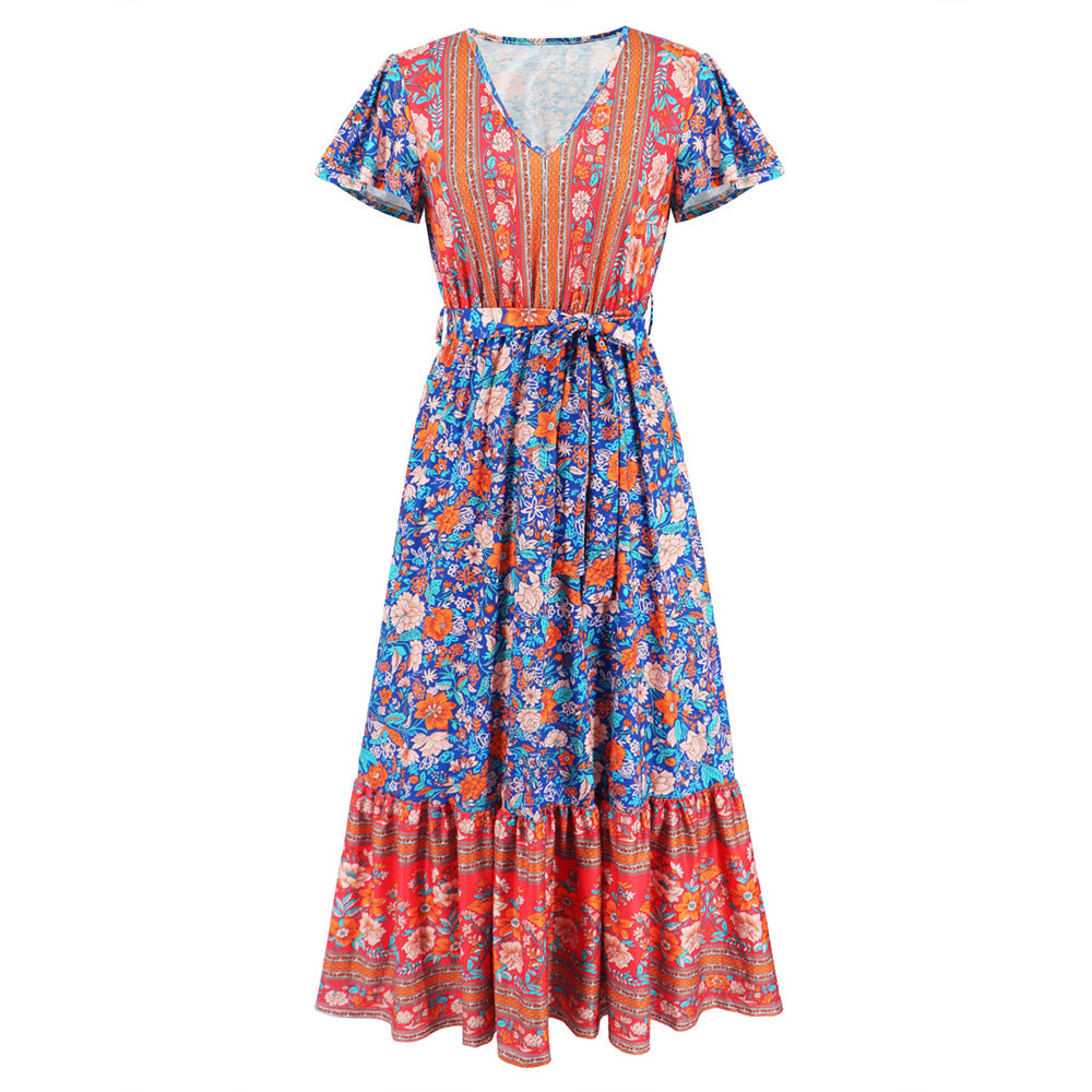 Women's Summer V-neck Ruffle Floral Print Long Dresses