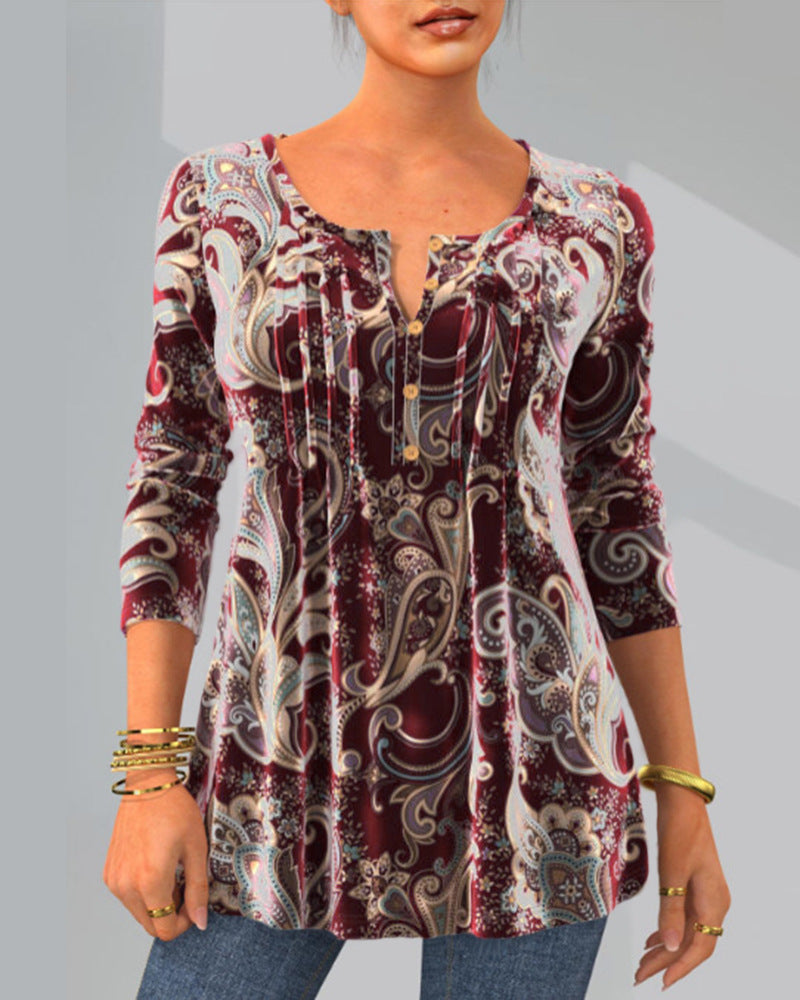 Women's Spring Print Round Neck Long-sleeved Blouses