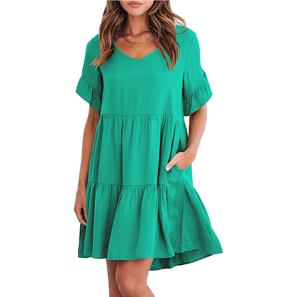 Women's Summer V-neck Little-girl Style Three-layer Pleated Dresses